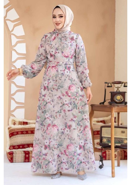 Çiçek Desenli Vizon Tesettür Elbise 27998V fırsatları