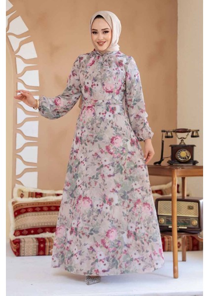 Çiçek Desenli Vizon Tesettür Elbise 27998V indirimleri