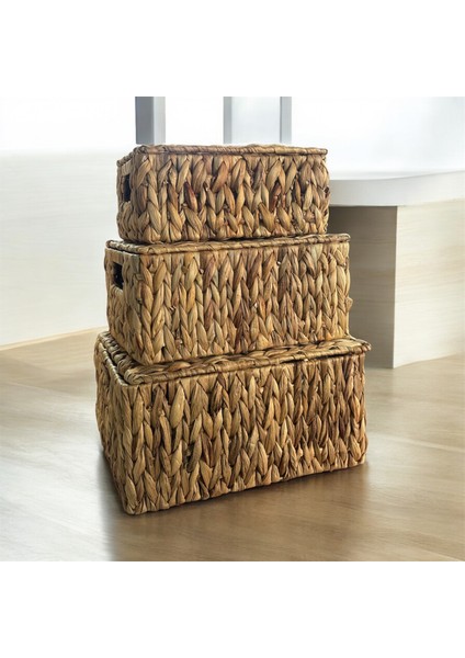 Hasır Su Sümbülü Kapaklı 3lü Dikdörtgen Düzenleyici/sepet/organizer - 09