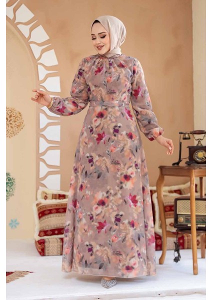 Çiçek Desenli Camel Tesettür Elbise 27987C