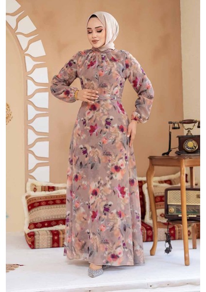 Çiçek Desenli Camel Tesettür Elbise 27987C