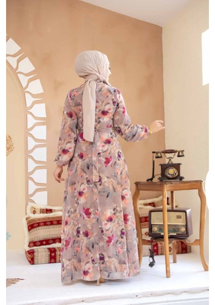 Çiçek Desenli Camel Tesettür Elbise 27987C