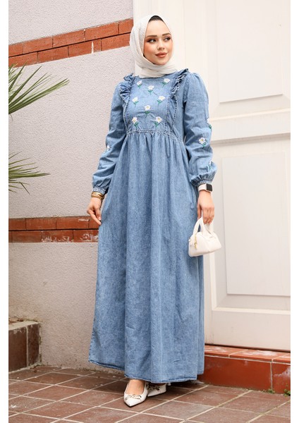 Çiçek Desenli Koyu Mavi Tesettür Kot Elbise 19145KM