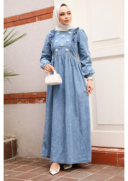 Çiçek Desenli Koyu Mavi Tesettür Kot Elbise 19145KM fiyatları