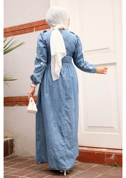 Çiçek Desenli Koyu Mavi Tesettür Kot Elbise 19145KM modelleri