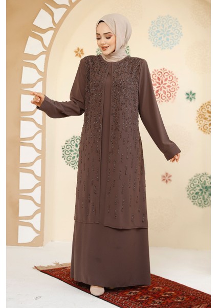 Boncuk Işlemeli Kahverengi Tesettür Abaya 29119KH