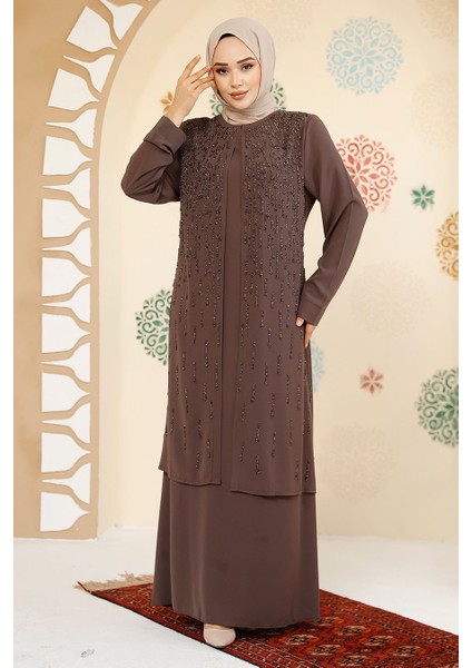 Boncuk Işlemeli Kahverengi Tesettür Abaya 29119KH fiyatları