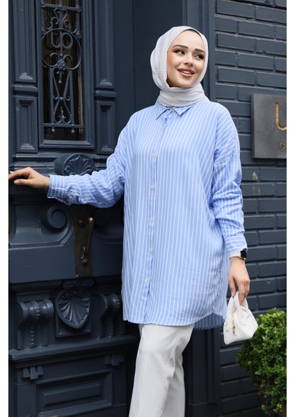 Çizgili Bebek Mavisi Tesettür Tunik 20417BM