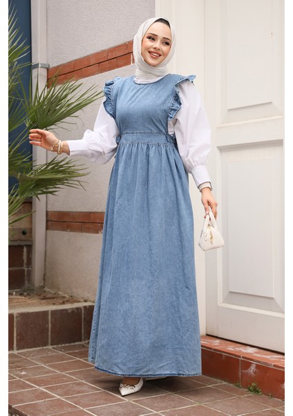 Koyu Mavi Tesettür Kot Jile Elbise 7054KM