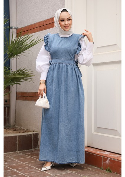 Koyu Mavi Tesettür Kot Jile Elbise 7054KM fiyatları