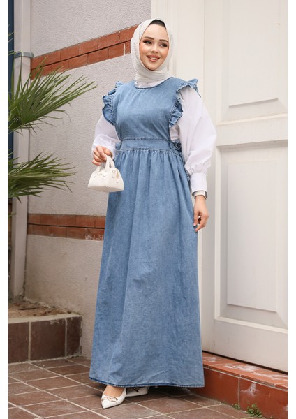 Koyu Mavi Tesettür Kot Jile Elbise 7054KM modelleri