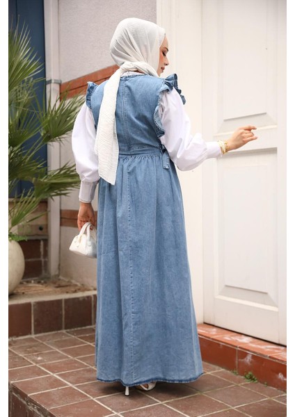 Koyu Mavi Tesettür Kot Jile Elbise 7054KM fırsatları
