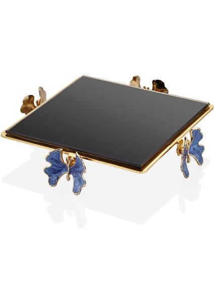 Lazer Kesim Siyah Camlı Mavi Mineli Kelebek Kare Sunumluk Gold 19*19*4 cm