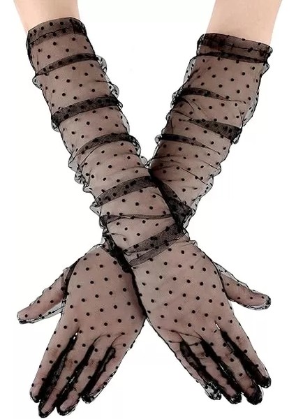 Uzun Boy Siyah Puantiyeli Siyah Renk Yetişkin Tül Eldiven 55 cm (4172) modelleri