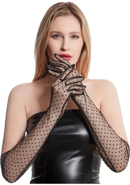 Uzun Boy Siyah Puantiyeli Siyah Renk Yetişkin Tül Eldiven 55 cm (4172) fırsatları