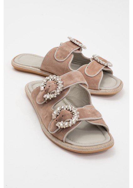 Kadın Çift Taş Bantlı Süet Şık Terlik Deri Zy 8069 Vizon fiyatları