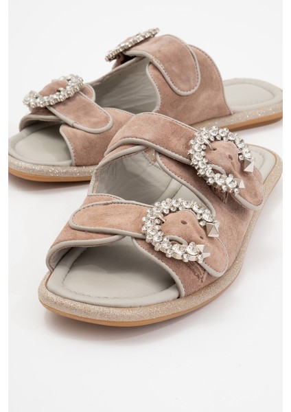 Kadın Çift Taş Bantlı Süet Şık Terlik Deri Zy 8069 Vizon modelleri