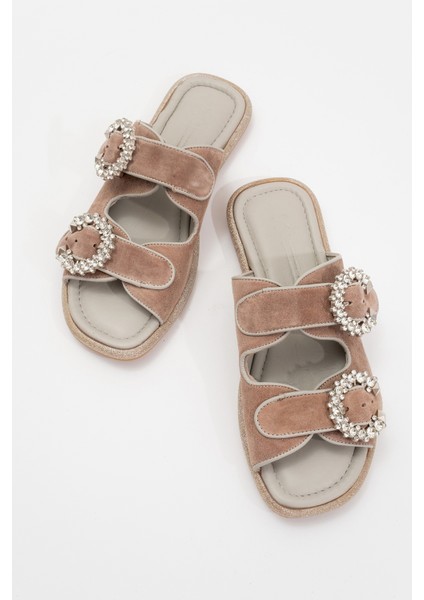 Kadın Çift Taş Bantlı Süet Şık Terlik Deri Zy 8069 Vizon indirimleri