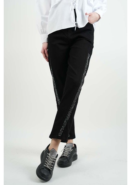 Bayan Kot Pantolon Baget Taşlı Denim Pantolon Siyah