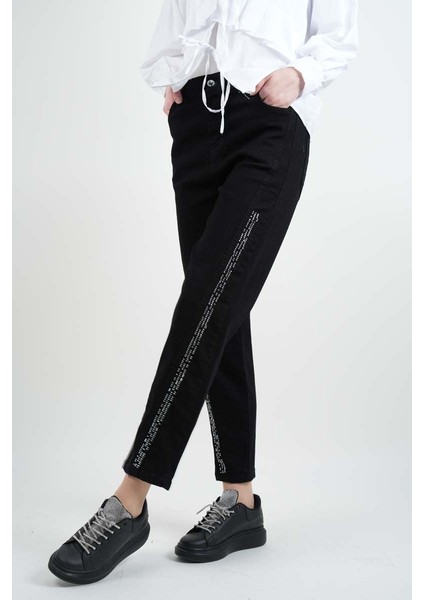 Bayan Kot Pantolon Baget Taşlı Denim Pantolon Siyah