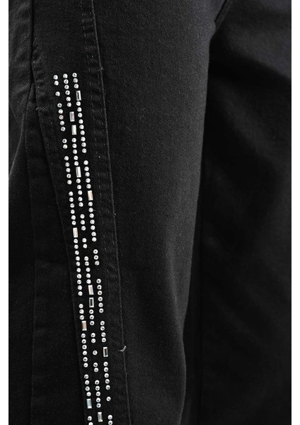 Bayan Kot Pantolon Baget Taşlı Denim Pantolon Siyah