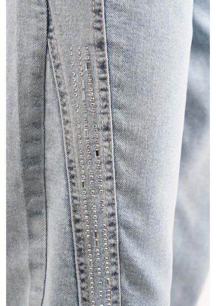 Bayan Kot Pantolon Baget Taşlı Denim Pantolon Açık Mavi