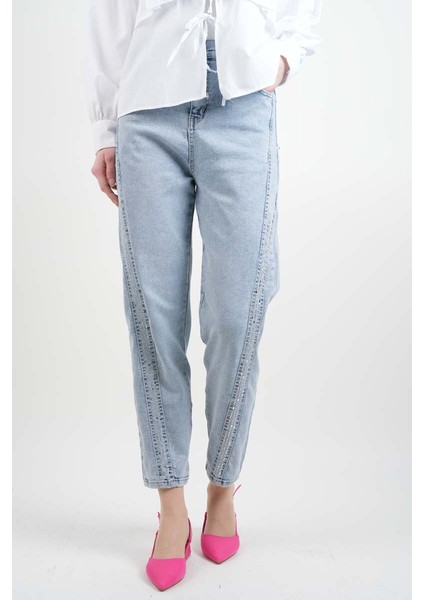 Bayan Kot Pantolon Baget Taşlı Denim Pantolon Açık Mavi