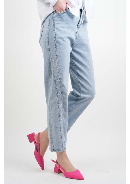Bayan Kot Pantolon Baget Taşlı Denim Pantolon Açık Mavi fiyatları
