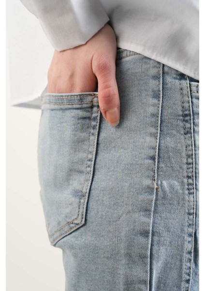 Bayan Kot Pantolon Baget Taşlı Denim Pantolon Açık Mavi modelleri
