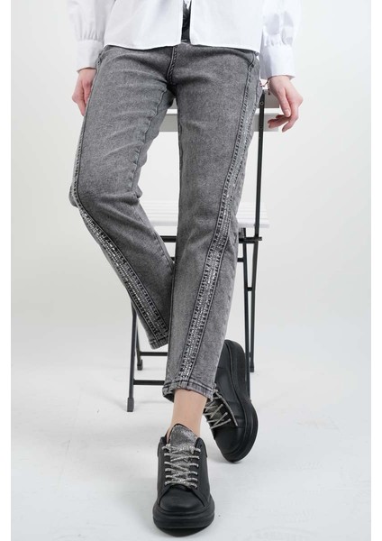 Bayan Kot Pantolon Baget Taşlı Denim Pantolon Açık Gri