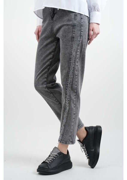 Bayan Kot Pantolon Baget Taşlı Denim Pantolon Açık Gri