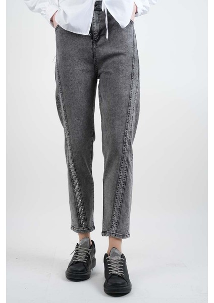 Bayan Kot Pantolon Baget Taşlı Denim Pantolon Açık Gri