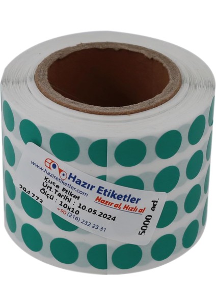 Etiketler , Hazır Al Hızlı Al Kuşe Rulo Renkli Zemin Baskılı, 10MM Çap, 5000 Adet, 5'li Yan Yana (Yeşil)
