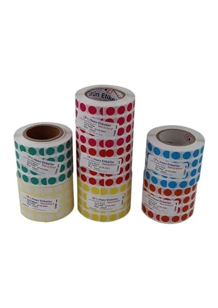 Etiketler , Hazır Al Hızlı Al Kuşe Rulo Renkli Zemin Baskılı, 10MM Çap, 5000 Adet, 5'li Yan Yana (Yeşil) modelleri