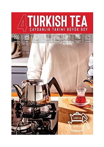 4 Turkish Tea 18/10 Paslanmaz Çelik Çaydanlık Takımı Büyük Boy ST-501