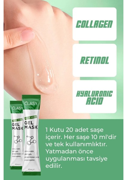 Aloevera Jel Yüz Maskesi Kolajen ve Hyaluronik Asitli Onarıcı Nemlendirici 20x10 ml Tekli Paket