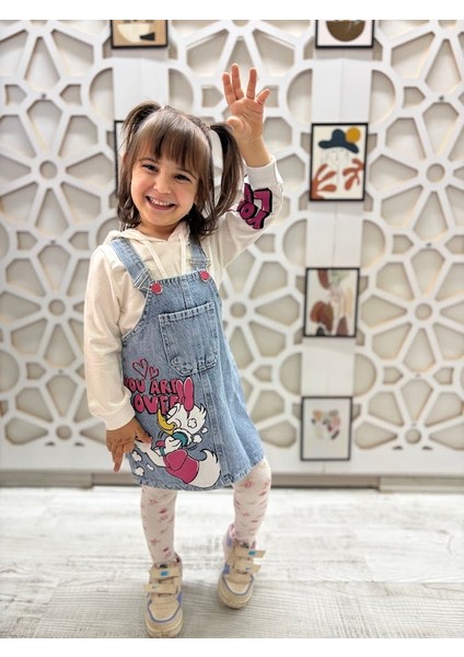 Kız Çocuk Desenli Mevsimlik Kot Salopet Tulum 2'li Takım