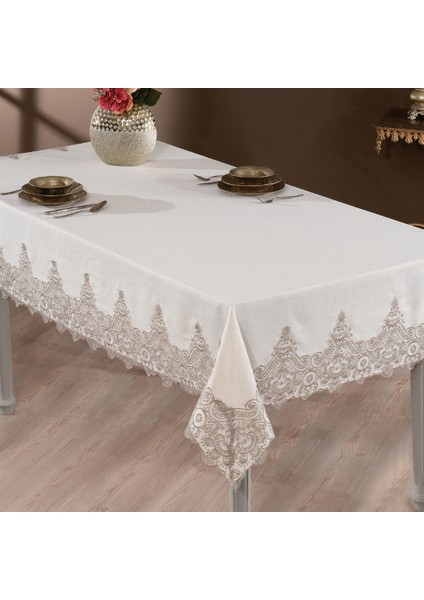 Nysa Linen Kumaş Vizon Dantelli Masa Örtüsü
