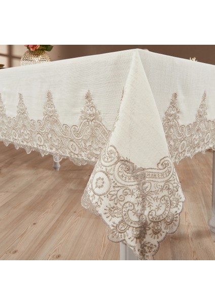 Nysa Linen Kumaş Vizon Dantelli Masa Örtüsü indirimleri