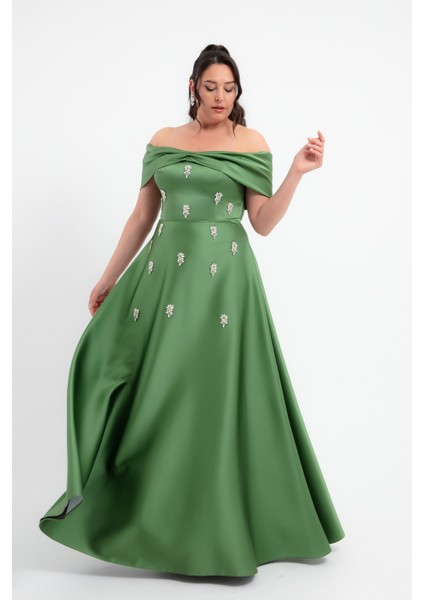 Kadın Haki Straplez Taşlı Büyük Beden Uzun Saten Abiye Elbise