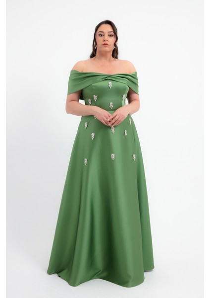 Kadın Haki Straplez Taşlı Büyük Beden Uzun Saten Abiye Elbise fiyatları