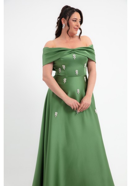 Kadın Haki Straplez Taşlı Büyük Beden Uzun Saten Abiye Elbise modelleri