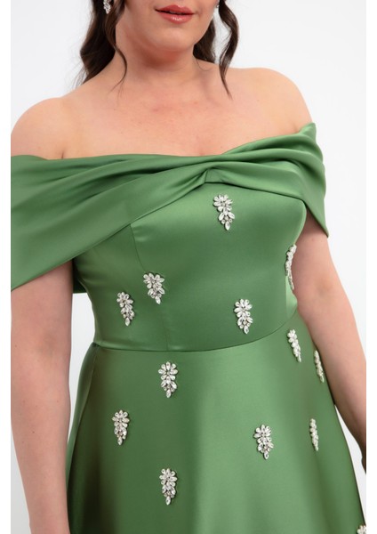 Kadın Haki Straplez Taşlı Büyük Beden Uzun Saten Abiye Elbise fırsatları