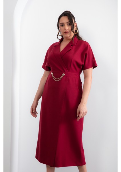 Kadın Bordo Aksesuar Detay Büyük Beden Elbise modelleri