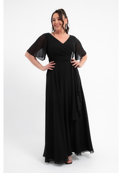 Kadın Siyah V Yaka Taşlı Büyük Beden Uzun Şifon Abiye Elbise fiyatları