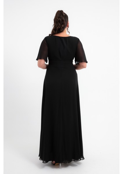 Kadın Siyah V Yaka Taşlı Büyük Beden Uzun Şifon Abiye Elbise indirimleri