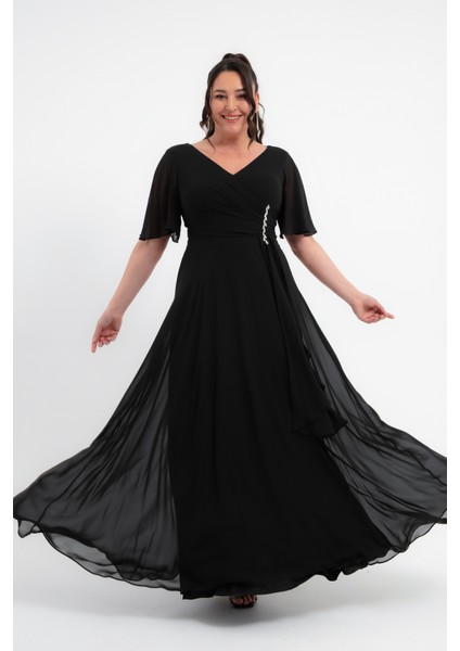 Kadın Siyah V Yaka Taşlı Büyük Beden Uzun Şifon Abiye Elbise