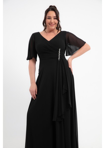 Kadın Siyah V Yaka Taşlı Büyük Beden Uzun Şifon Abiye Elbise modelleri