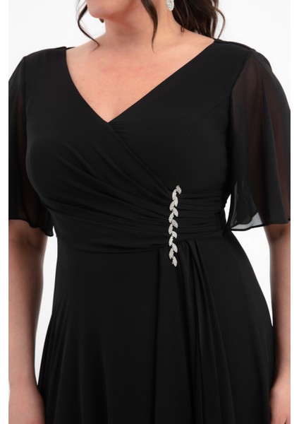 Kadın Siyah V Yaka Taşlı Büyük Beden Uzun Şifon Abiye Elbise fırsatları