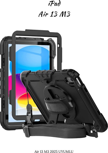 Apple iPad Air 13 M3 Çip 2025 Uyumlu Askılı Defender 360° Dönebilir Standlı Zırh Tablet Kılıfı